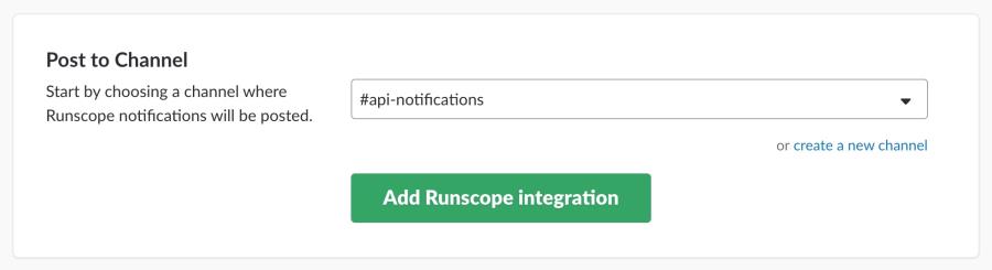 Slack App Directory website after clicking on Install on the Runscope integration page, showing a drop-down menu to select a channel.