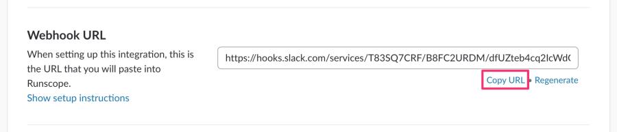 Slack App Directory website showing the configuration page for a Runscope integration. Highlighting the Webhook URL section.