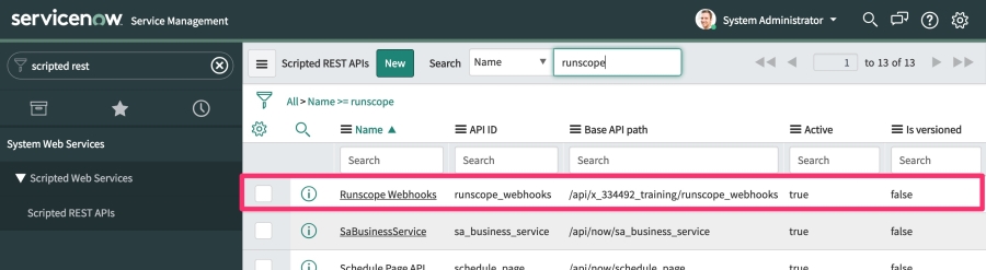 The ServiceNow Scripted REST APIs list view, highlighting the new API we created in the preivous step with the name API Monitoring Webhooks