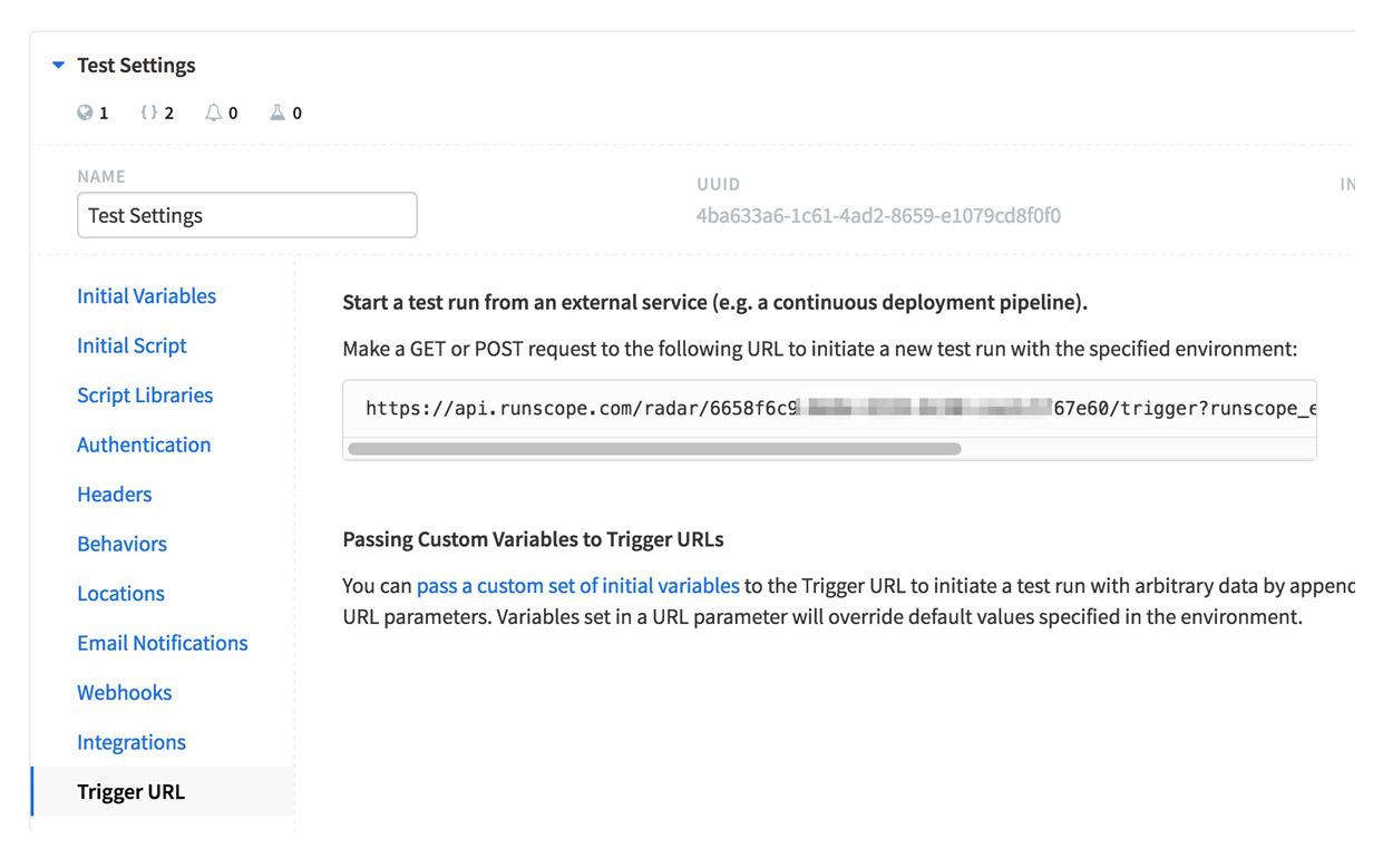 API Monitoring environment settings menu expanded, showing the contents of the Trigger URL tab