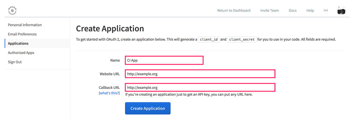 API Monitoring Create Application page, with the required fields containing the dummy URL http://example.org