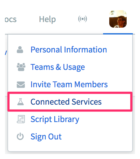 API Monitoring account highlighting the Connected Services option on the dropdown after clicking on the user's profile on the top right