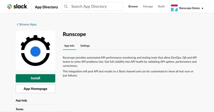 Slack App Directory website showing the Runscope app info page.
