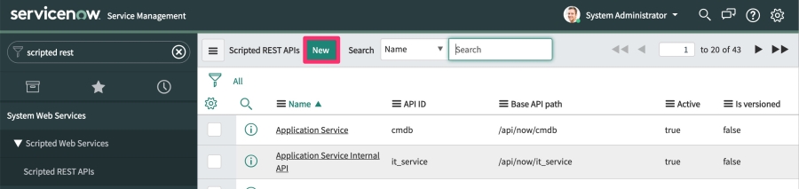 The SerivceNow Scripted REST APIs page, highlighting the New button at the top