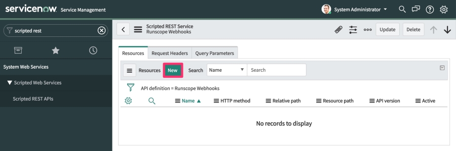 The ServiceNow Scripted REST API details view for our newly created API, highlighting the Resources tab at the bottom of the page and the New button