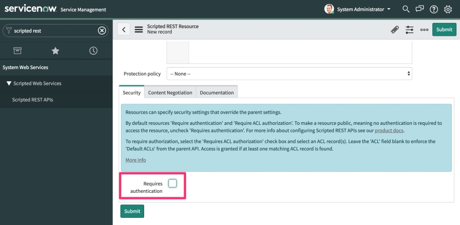The ServiceNow REST API editor page, highlighting the Security tab at the bottom of the page with the Requires Authentication checkbox unchecked