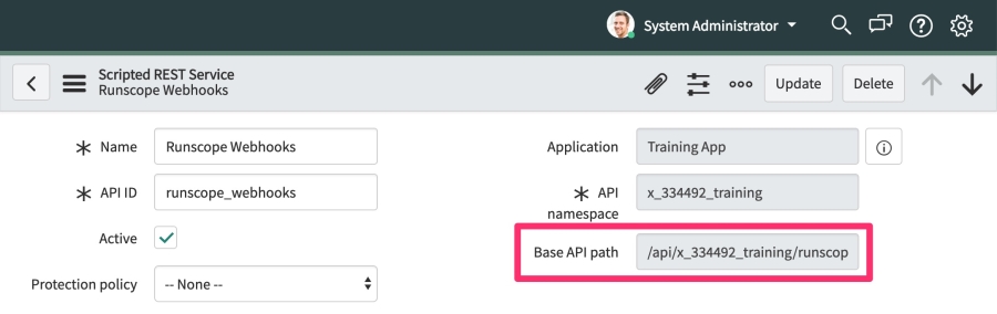 The ServiceNow REST API details page for our newly created API, highlighting the Base API Path field that needs to be copied for the next steps