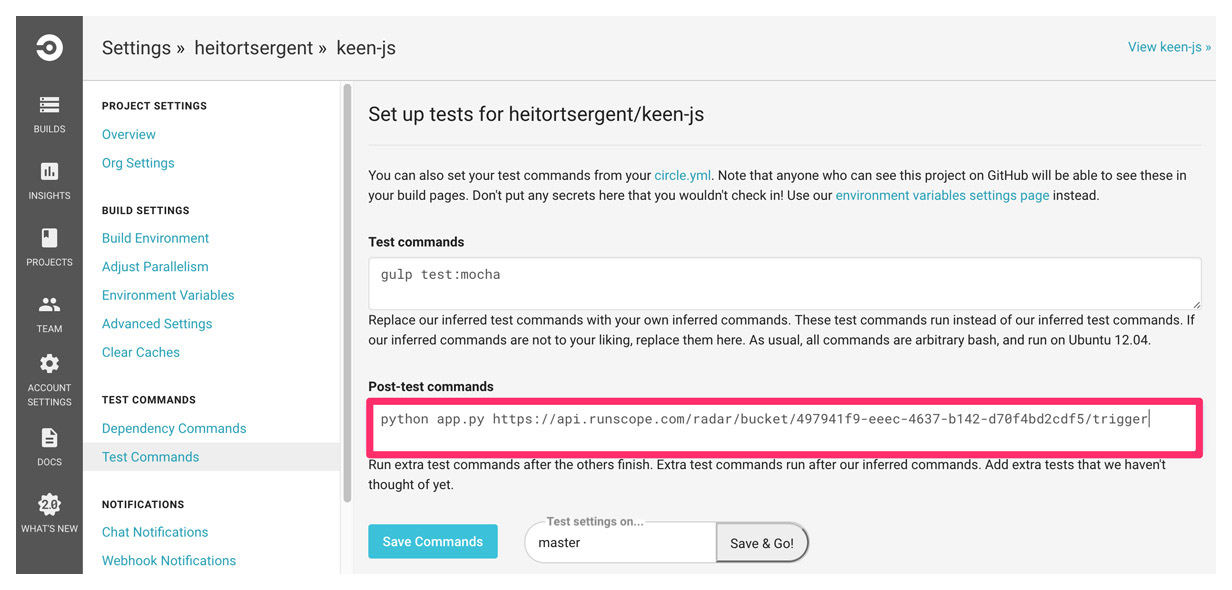 CircleCI project settings page, with the Test Commands tab selected on the left-hand side, and the Post-test commands textbox highlighted with the python app.py command added to it