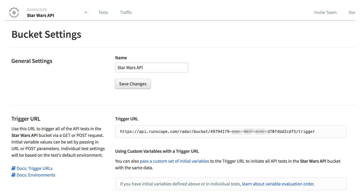 API Monitoring Bucket Settings page, showing the Trigger URL section the user can use to trigger all tests in a bucket