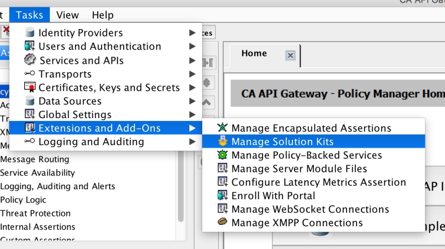 CA API Gateway showing the Policy Manager navigation menu