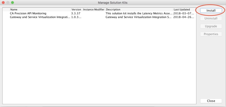 CA API Gateway showing the Manage Solution Kit dialog option