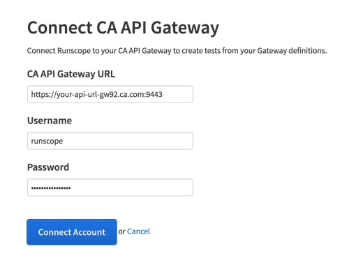 API Monitoring CA API Gateway connection page, showing the fields necessary for the integration: CA API Gateway URL, username, and password