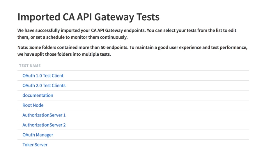 API Monitoring CA API Gateway import success page, showing the same folders that were selected in the previous image as succesfully imported, and linking to their API Monitoring tests