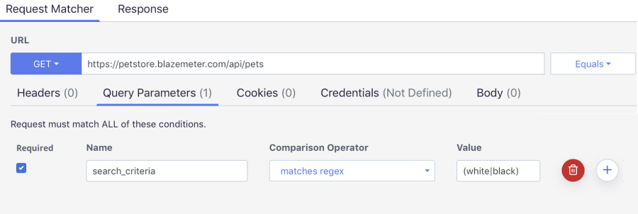 example request matcher for a query parameter matching a regular expression for one of two specific strings