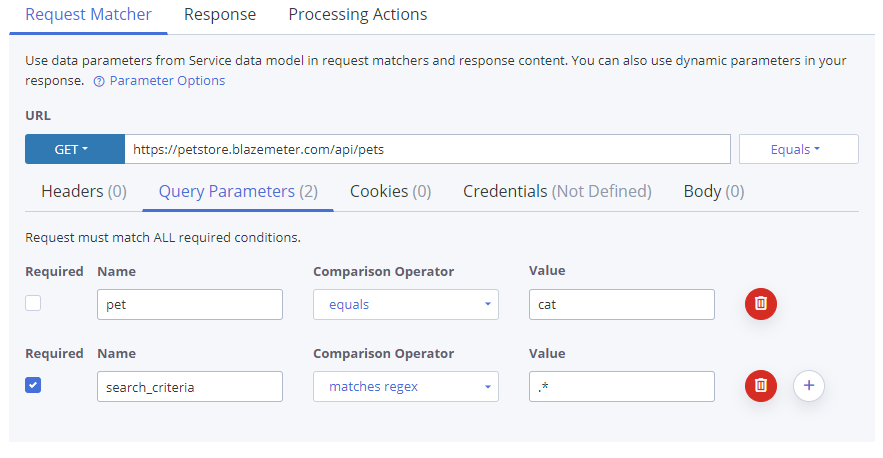 example request matcher for a query parameter matching a regular expression for any string