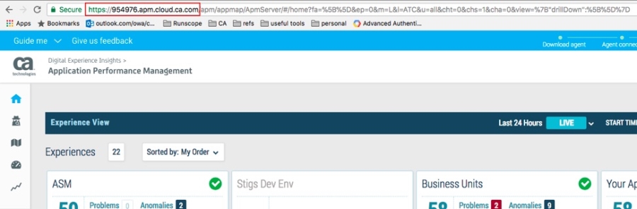 CA APM SaaS instance highlighting the URL portion starting on https to .com