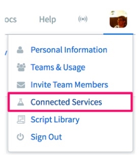 API Monitoring account highlighting the Connected Services option on the dropdown after clicking on the user's profile on the top right
