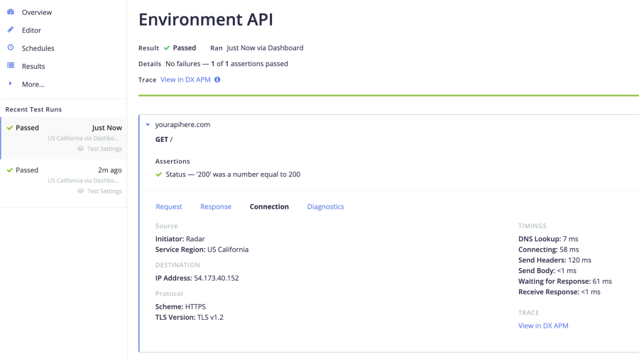 API Monitoring API test result page, highlighting the 'Trace: View in CA APM' link at the top of the page, and the same text inside a request's expanded 'Connection' tab