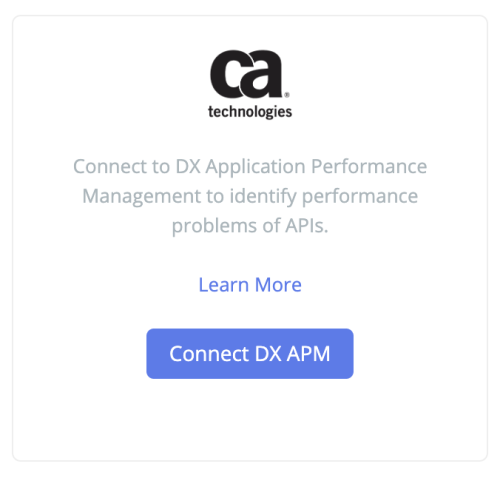 API Monitoring connected services page, highlighting the CA APM integration and the button Connect CA APM