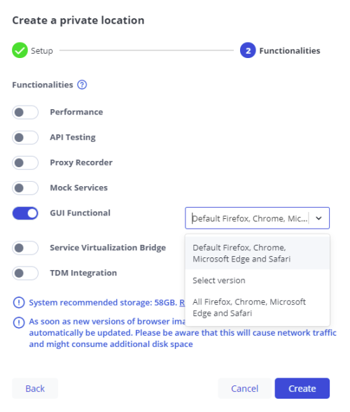 private location configuration with gui functional testing enabled and default browsers selected