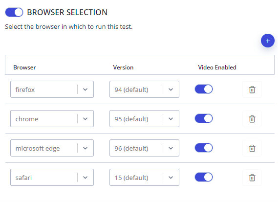 four browsers with their default versions selected and video enabled