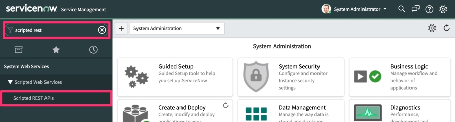 The SerivceNow logged in dashboard, highlighting the Scripted REST APIs option on the left-hand side menu