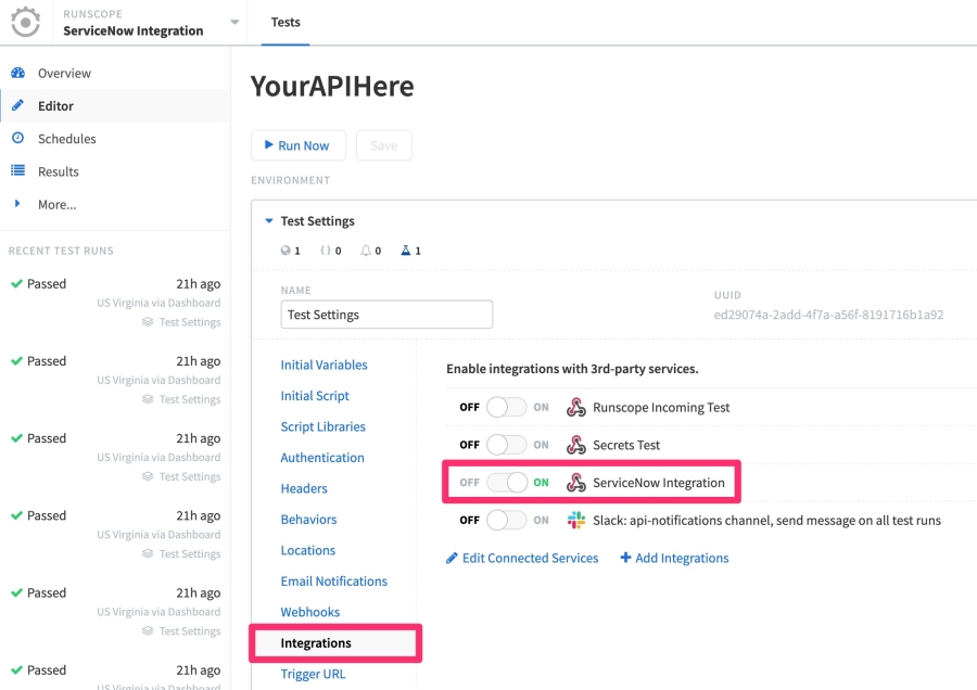 The API Monitoring test editor, highlighting the Integrations tab in the environment editor, with the Advanced Webhook integration we created in the previous steps toggled on