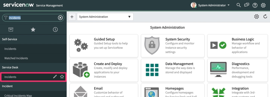 The ServiceNow logged in dashboard, showing the Incidents option highlighted on the left-hand side menu