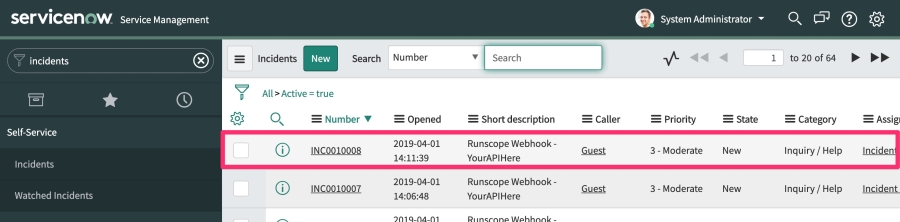 The ServiceNow incidents list page, highlighting an incident showing the details for a API Monitoring Webhook payload