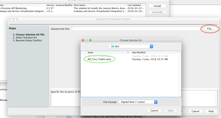 CA API Gateway with the windows for selecting a .sskar file