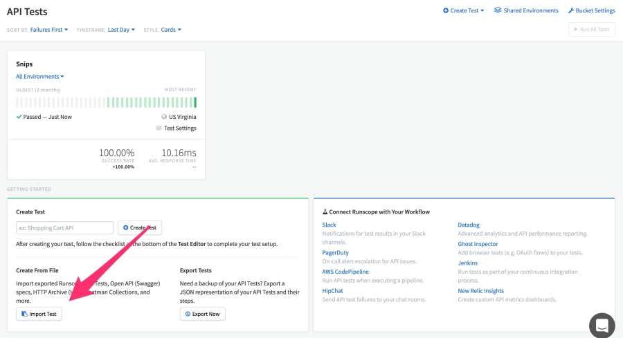 API Monitoring bucket dashboard view highlighting the Import Test button at the bottom of the page