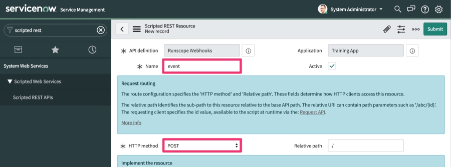 The ServiceNow REST API resource editor page, highlighting the Name field filled out, and the HTTP Method dropdown set to POST