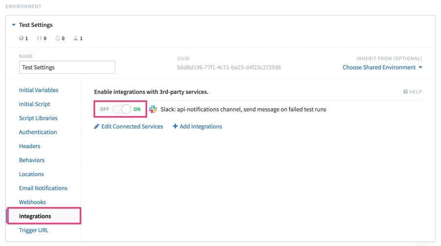 Runscope test with the environment settings expanded and the Integrations tab selected.