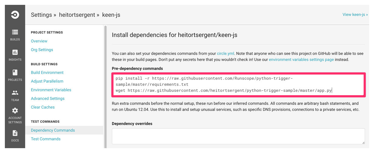 CircleCI project settings page, with the Dependency Commands tab selected on the left-hand side, and highlighting the pre-dependency commands textbox with the pip install and wget commands added to it