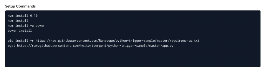 Codeship project settings page, with the Test tab selected on the left-hand side, and highlighting the Setup Commands textbox with the pip install and wget commands added to it