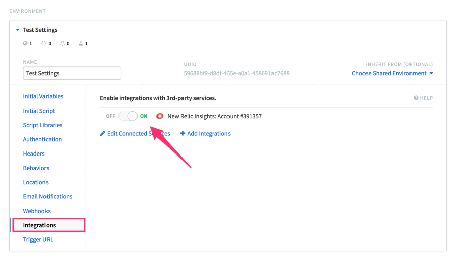 API Monitoring API test, showing an expanded environment settings with the Integrations tab selected, and the newly connected New Relic Insights integration toggled on