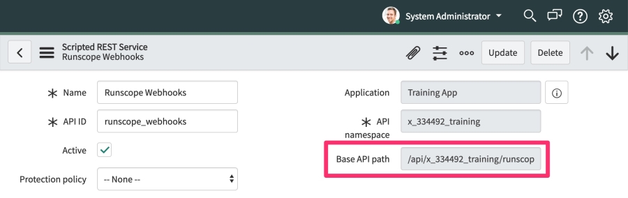 The ServiceNow REST API details page for our newly created API, highlighting the Base API Path field that needs to be copied for the next steps