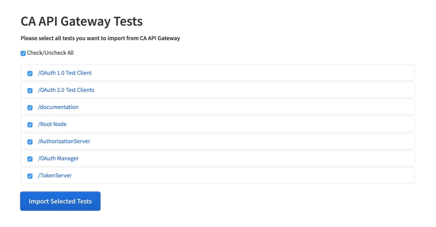 API Monitoring CA API Gateway import, showing the folder/endpoint selector screen, with multiple folders selected