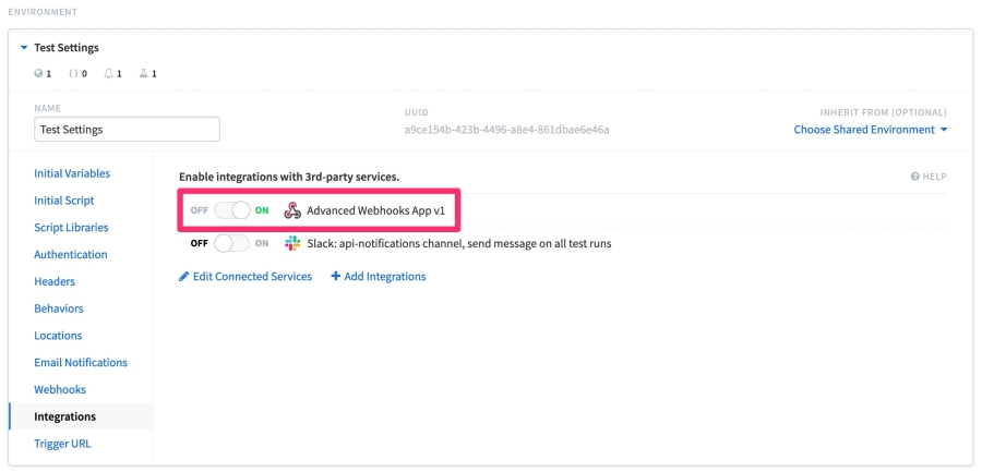 Showing the expanded environment settings on the Runscope test editor, with the Integrations tab selected and the newly created Advanced Webhooks integration toggled on