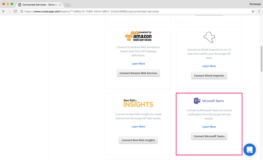 API Monitoring connected services, Microsoft Teams option