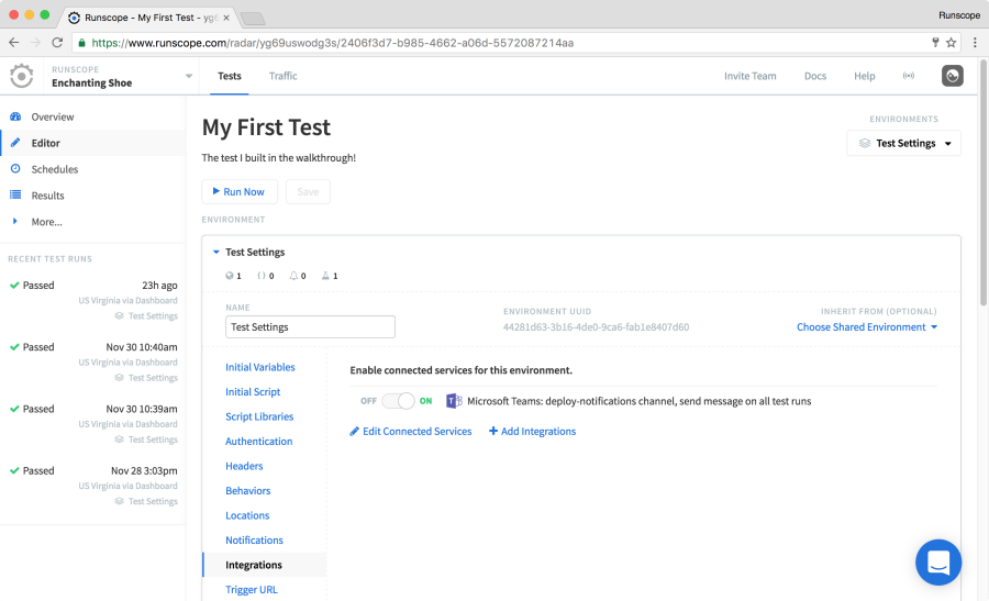 API Monitoring environment settings, integrations toggle
