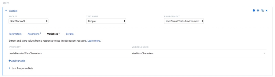 A subtest step expanded to show the Variables tab with the property value set to variables.starWarsCharacters