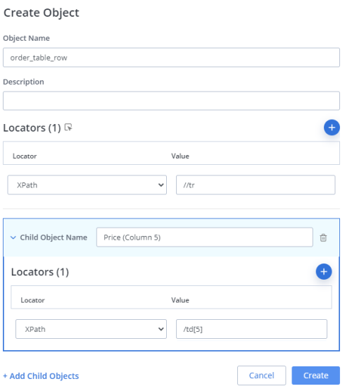the Define Child Object section inside the Create Object window