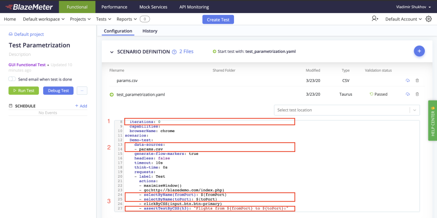 csv data source and data parameters in a yaml file