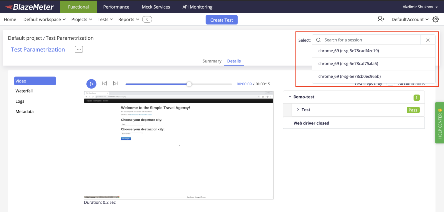 sessions in the test report