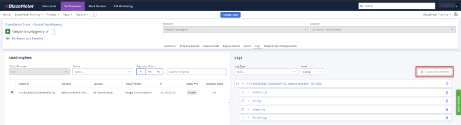Download selected logs with execution errors