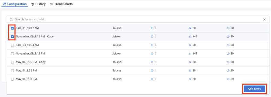 multi tests selection