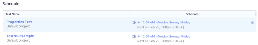 scheduled tests settings view
