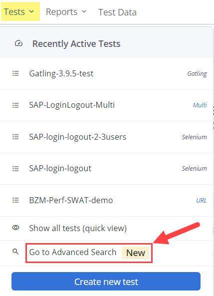 tests reports advanced search