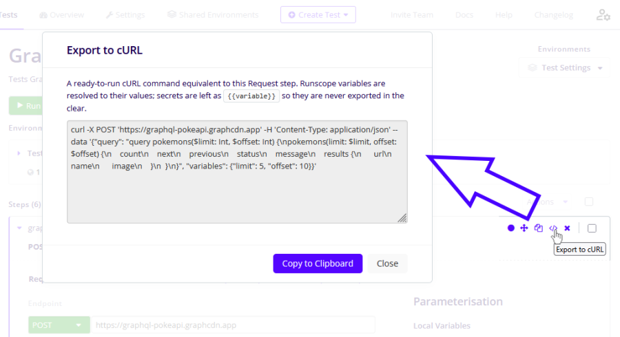 Export to cURL pop-up showing a generated cURL command and Copy to Clipboard button